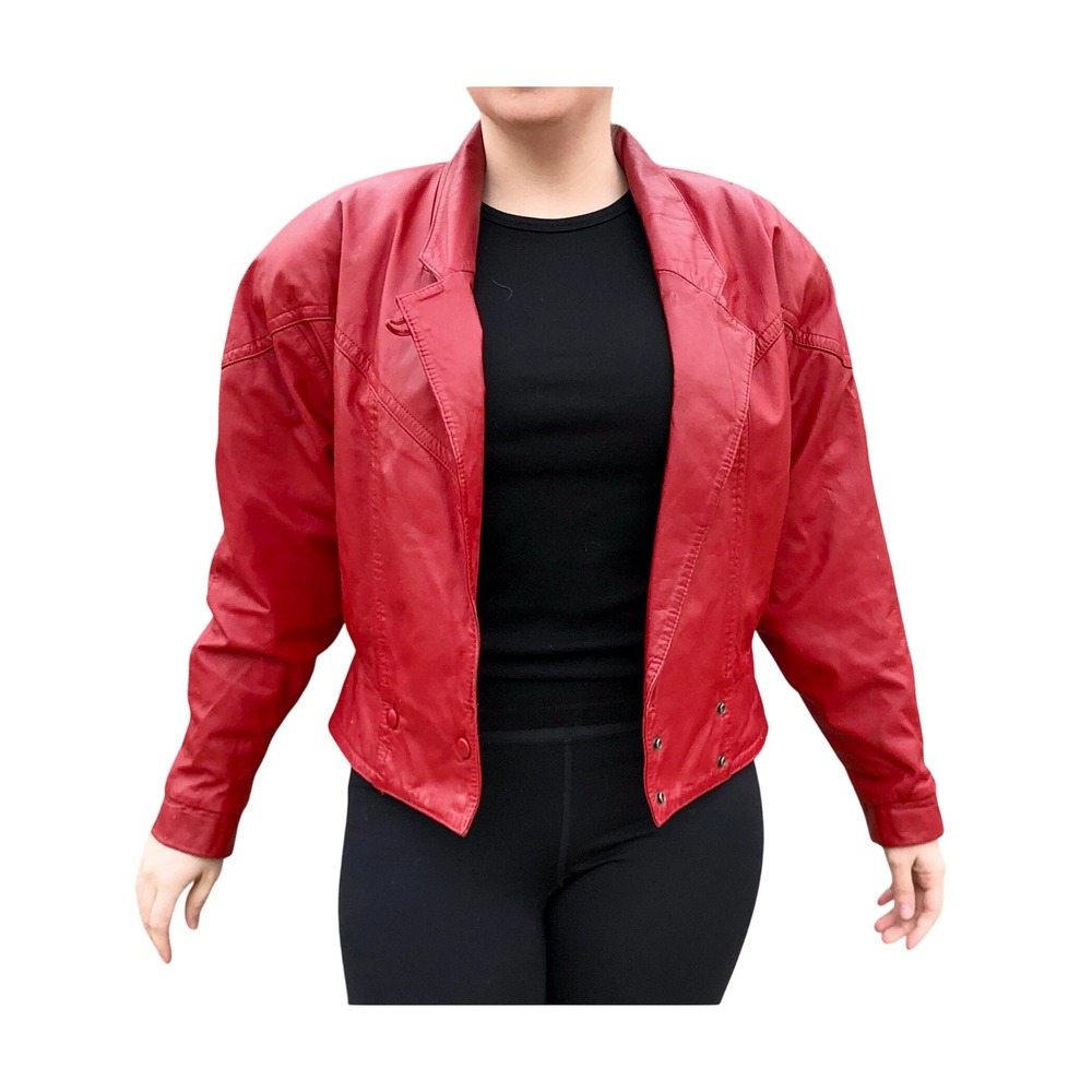 Pelle Cuir Leather Jacket Womens XS Red 80s Vintage Cropped Padded Shoulder Moto